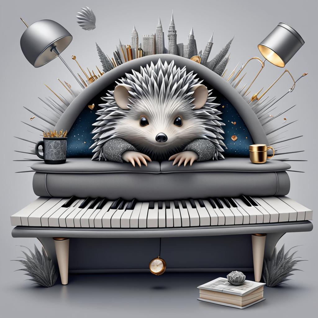 Surreal Hedgehog Pianist on Gray Couch