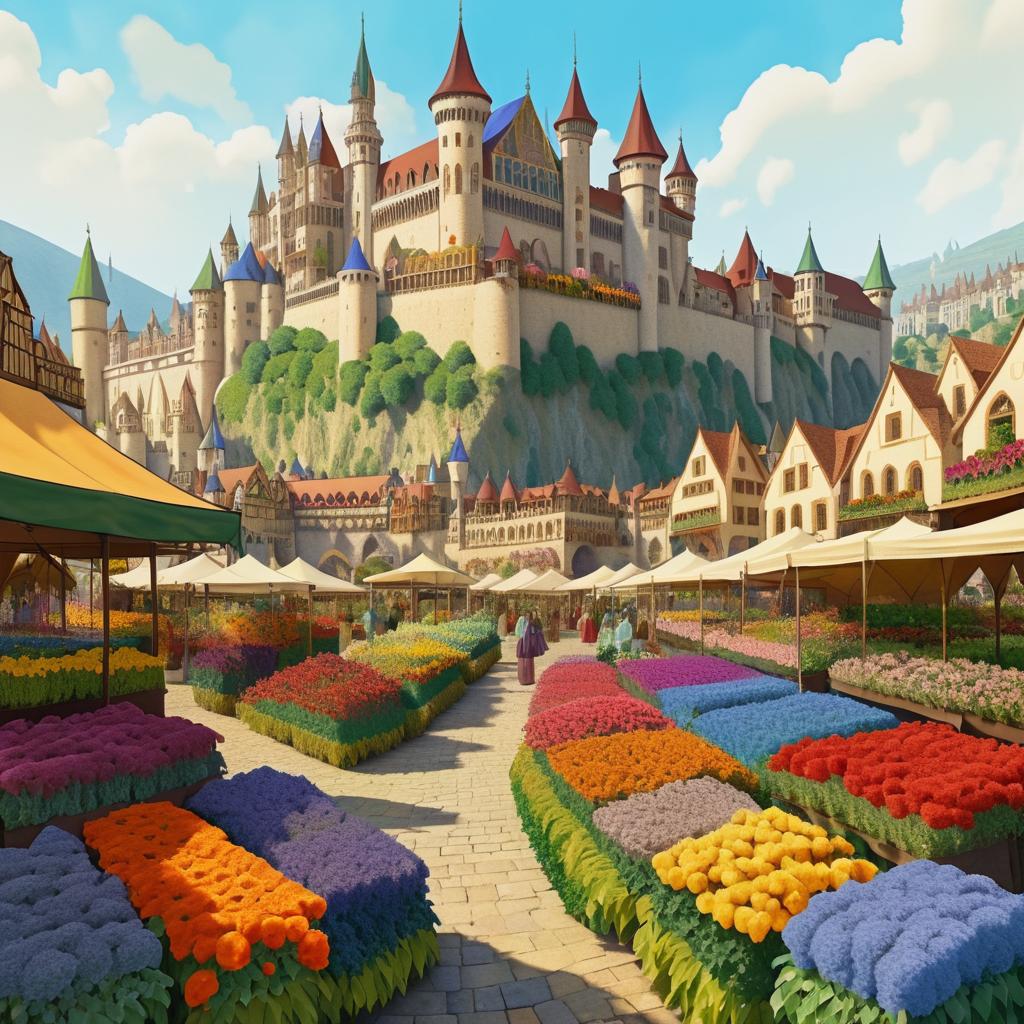 Grand Castle Over a Vibrant Flower Market