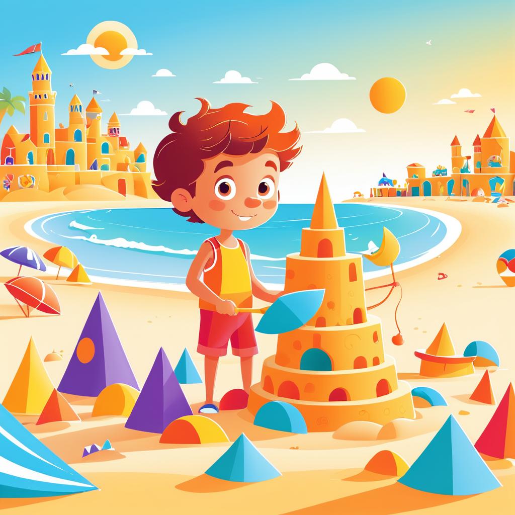 Whimsical Cartoon Boy Building Sandcastle