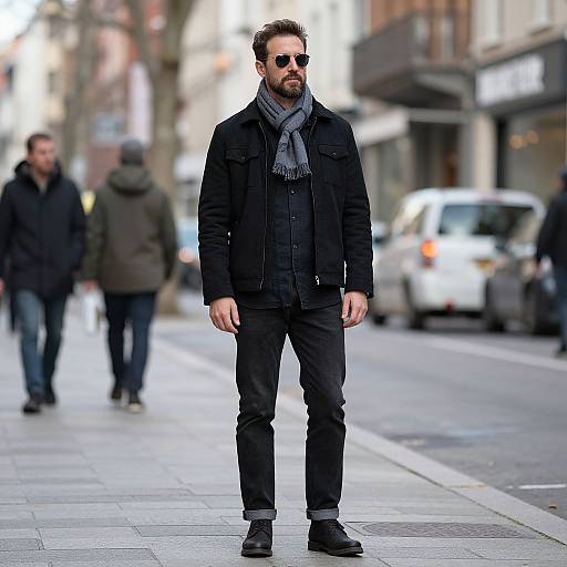 Photograph of a bearded man with dark sunglasses, black coat, gray scarf, black pants, and boots, standing on a city street. Bl