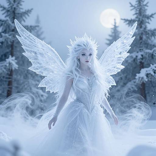 Photograph of a fair-skinned woman with long white hair, glowing ice wings, and a snow-covered dress, standing in a snowy forest. Eth
