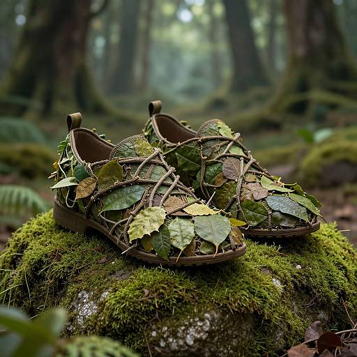 Photograph of nature-themed shoes with green leaves and vines woven into the design, resting on a moss-covered log in a dense, misty forest.