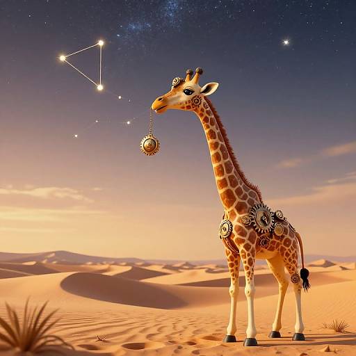 Digital art of a giraffe with ornate jewelry, standing in a starry desert night sky, holding a glowing orb, with constellation lines visible.