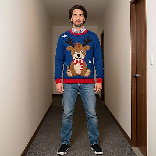 Photograph of a bearded man with curly hair, wearing a blue reindeer sweater with red trim, red scarf, jeans, and black sneakers,