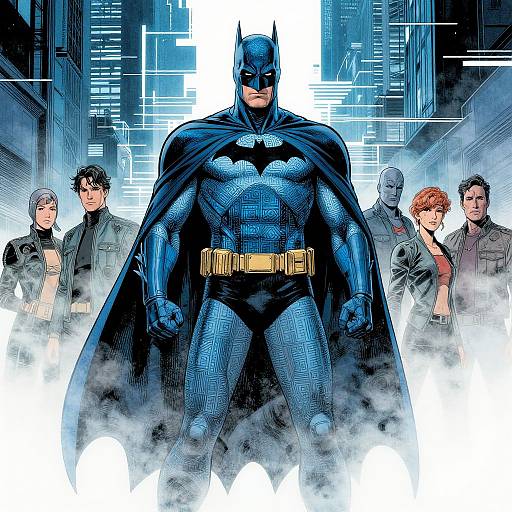 Digital comic art of Batman, muscular with blue suit, black cowl, and cape, standing center amid cityscape, surrounded by six diverse superheroes.