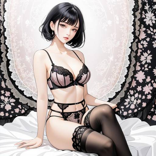 Asian woman in black lace lingerie