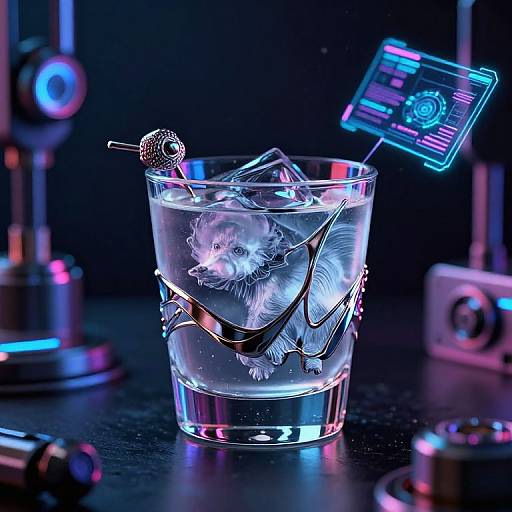 Neon-lit photograph of a glass with a glowing white cat inside, ice cubes, and a glowing drink stirrer, surrounded by futuristic tech devices