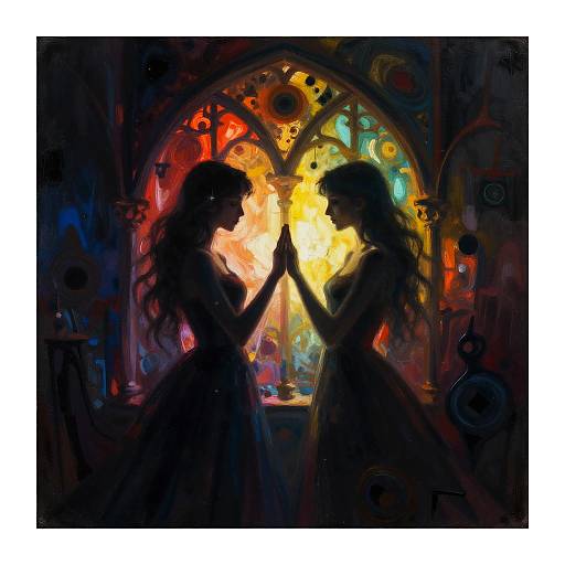 Digital painting of two silhouetted women in flowing dresses, hands touching, standing before a colorful, stained-glass window with vibrant, glowing light