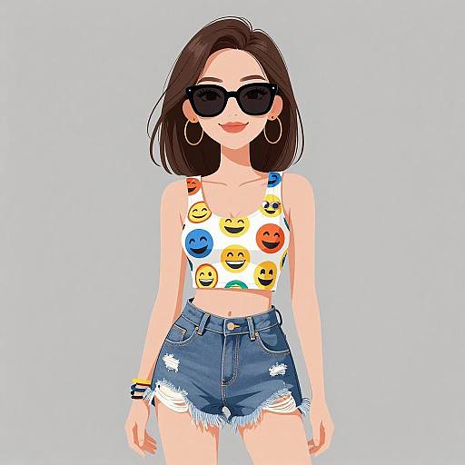 Trendy Young Woman in Emoji Crop Top and Distressed Denim Shorts