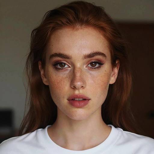 Photograph of a young woman with fair skin, brown eyes, and freckles, wearing a white shirt, with long brown hair, looking directly