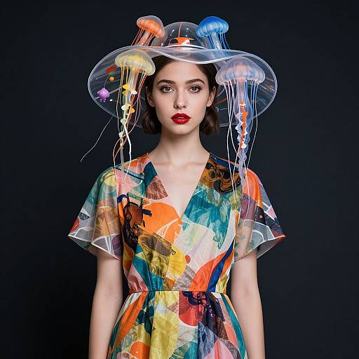 Photograph of a fair-skinned woman with red lipstick, wearing a colorful, translucent dress and a transparent hat adorned with jellyfish-like ornaments, against