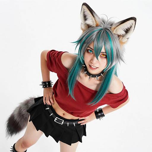 Cosplay Girl with Fox Ears and Teal Hair