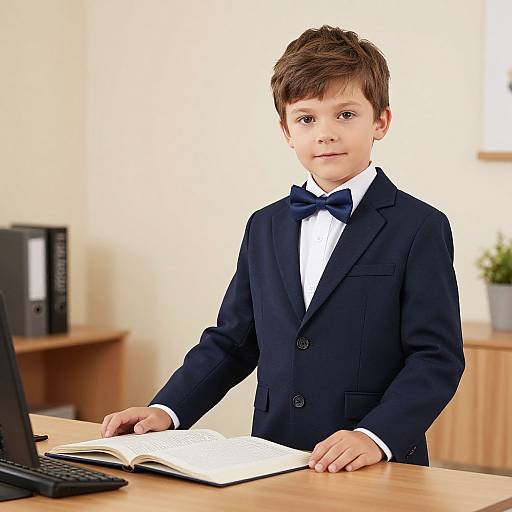 Photograph of a young boy with brown hair, wearing a navy blue suit, white shirt, and blue bow tie, sitting at a desk with a
