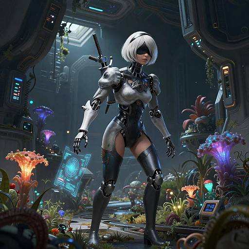 Cybernetic Explorer in Bioluminescent Station