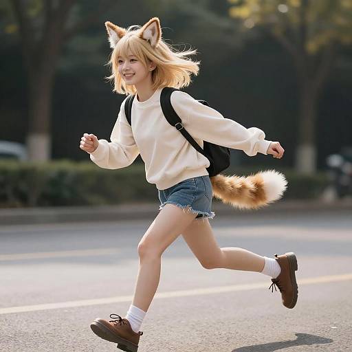 Photograph of a smiling blonde girl with fox ears and tail, wearing a white sweatshirt, denim shorts, brown shoes, and a black backpack,