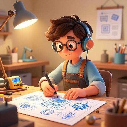 Digital cartoon of a young boy with black hair, round glasses, and headphones, drawing blue circuit diagrams on paper at a wooden desk. Warm, well