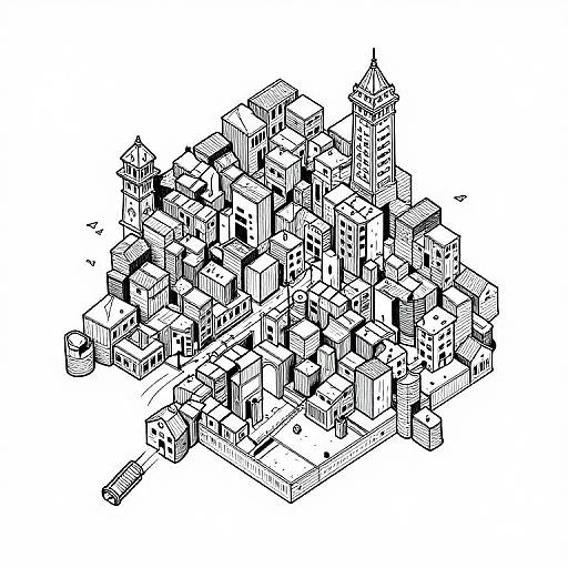 Intricate black-and-white isometric drawing of a densely packed urban cityscape with varied building styles, including a prominent tower and narrow streets.