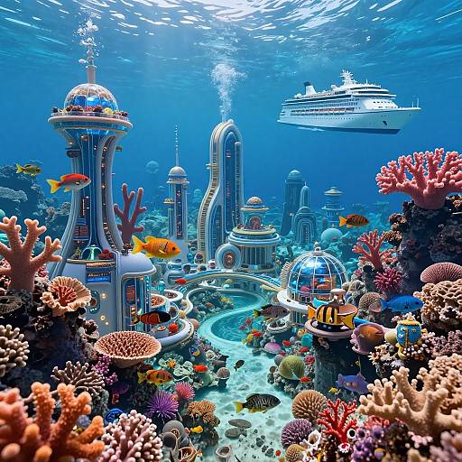 Underwater futuristic cityscape with colorful coral reefs, fish, dome-shaped buildings, and a large cruise ship in the distance. Vibrant, CGI artwork