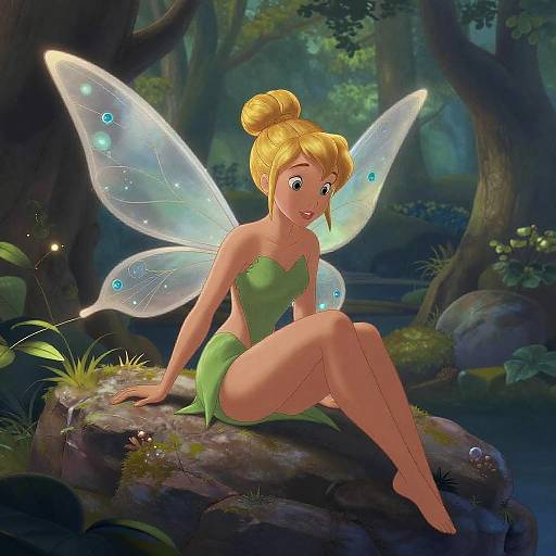Digital illustration of a blonde fairy with green dress, transparent wings, and bun hairstyle, sitting on a mossy rock in a magical forest.