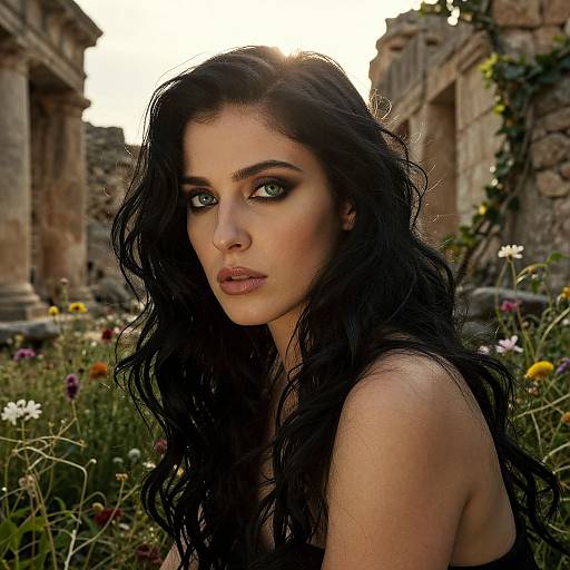 Photograph of a stunning woman with long, wavy black hair, intense green eyes, and fair skin, standing amidst a ruins garden with colorful wild