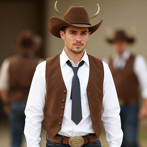 Photograph of a handsome young man in a brown cowboy hat with antlers, white shirt, black tie, brown vest, and belt buckle, standing