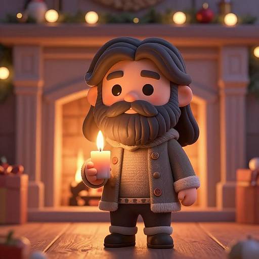 CGI 3D cartoon of a bearded man with long black hair, holding a candle, standing in front of a lit fireplace with gifts.
