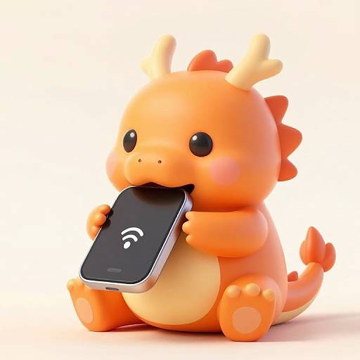 Cute, orange, cartoon dragon with black eyes and small horns, holding a black smartphone with a white Wi-Fi symbol, against a white background.