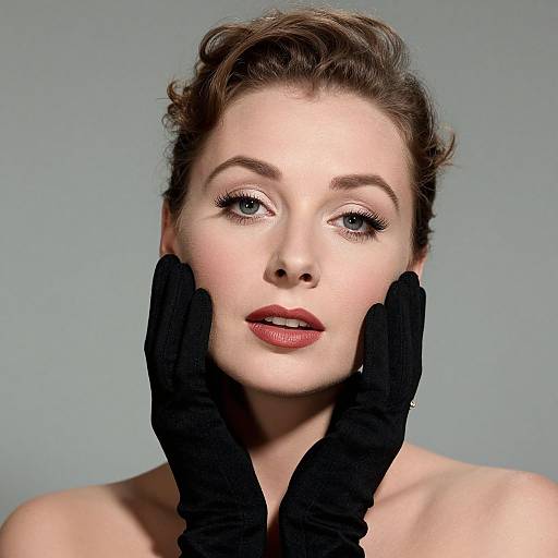 Photograph of a fair-skinned, blue-eyed woman with short, wavy brown hair, wearing black gloves, gently touching her face, with a