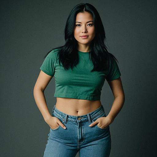 Asian Woman in Green Crop Top and Jeans