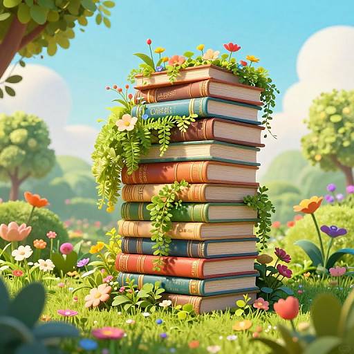 Digital art of a tall stack of colorful books covered in greenery and flowers, set in a vibrant, sunny meadow with trees and flowers in the