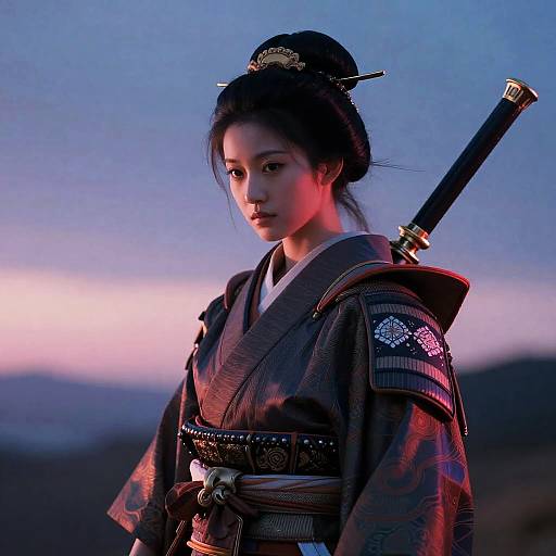 Synthwave Samurai Noblewoman at Dusk