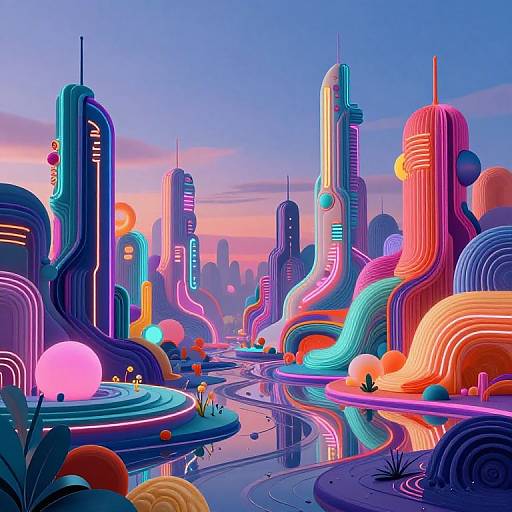 Neon-lit, futuristic cityscape with vibrant, wavy skyscrapers, glowing orbs, and a reflective waterway under a pink-purple sky