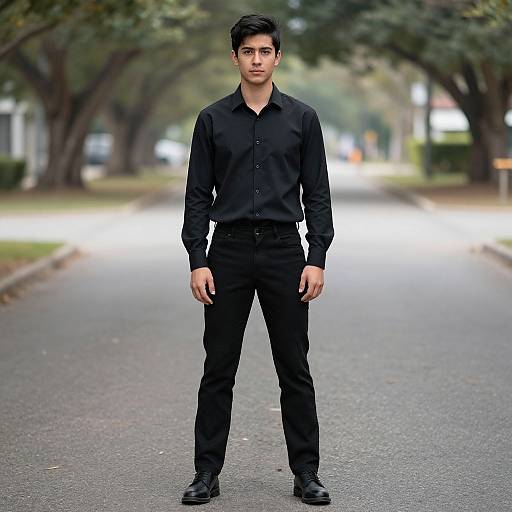 Photograph of a young Asian man with short black hair, standing confidently on a tree-lined street, wearing a black long-sleeve shirt, black