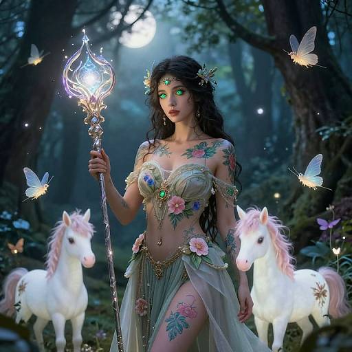 Digital artwork of a mystical forest: a green-eyed woman with black hair, floral tattoos, and fairy lights, wearing a sheer, flower-adorned