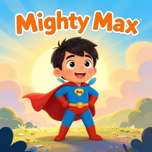 Digital cartoon of a smiling young boy in a blue Superman costume with red cape, gloves, and boots, standing confidently against a bright, colorful sky with