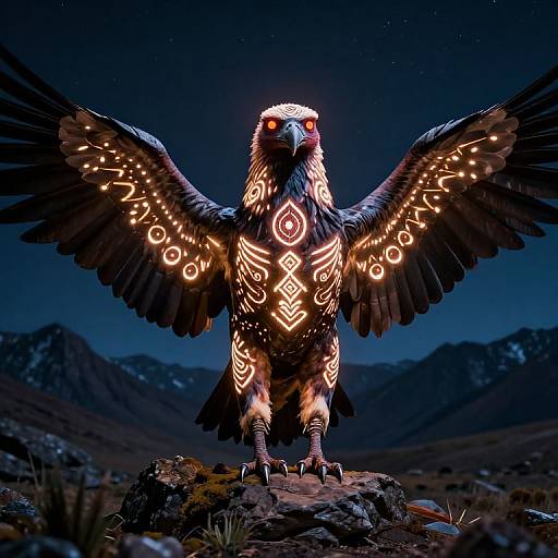 Digital art of a glowing, mythical eagle with outstretched wings, illuminated by intricate orange patterns, standing on a rocky mountain under a starry night