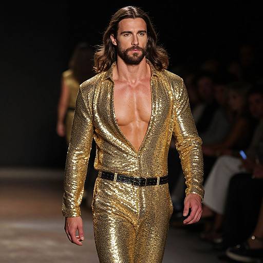 Muscular Male Model in Gold Jumpsuit