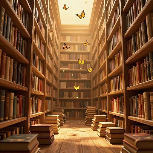 Photograph of a sunlit library aisle with wooden shelves filled with books, stacks of books on the floor, and three yellow butterflies flying towards the back