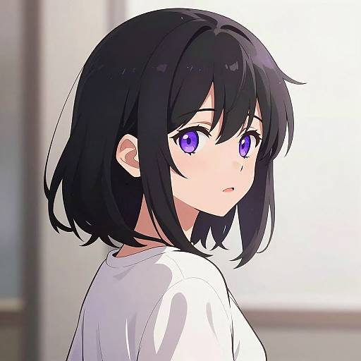 Anime-style digital drawing of a young girl with black hair and vibrant purple eyes, wearing a plain white shirt, looking back over her shoulder with a neutral