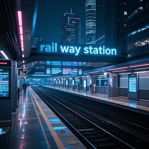 Photograph of a futuristic, neon-lit rail station at night, with 