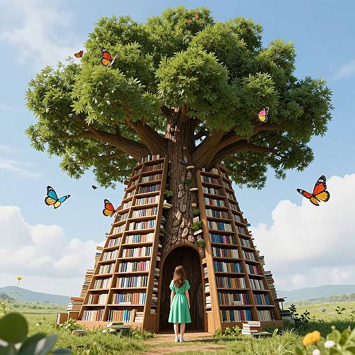 Tree Library with Bookshelves and Butterflies
