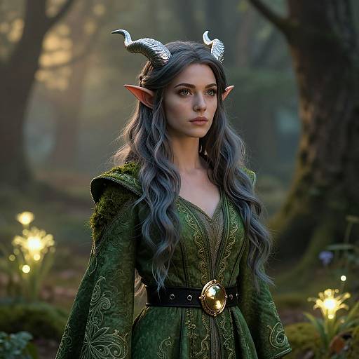 Photorealistic digital art of an elf woman with long silver hair, black horns, pointed ears, wearing a green, ornate dress, standing in