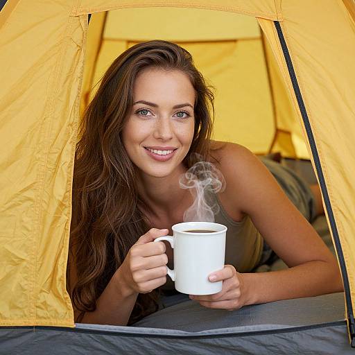 Photograph of a smiling brunette woman with long hair, holding a white steaming mug, inside a bright yellow camping tent.