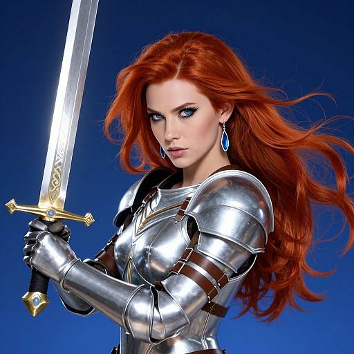 Digital art of a fierce red-haired woman in shiny silver armor holding a glowing sword, with intense blue eyes and blue teardrop earrings, against a