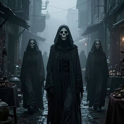 Photograph-like digital art of three eerie, hooded figures with skull faces standing in a foggy, dimly-lit, cobblestone alley