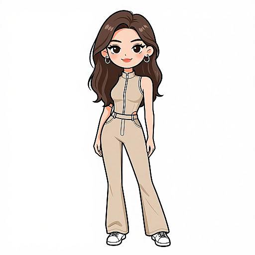 Digital anime-style drawing of a cute, smiling young woman with long brown hair, wearing a beige jumpsuit, white shoes, and large earrings.