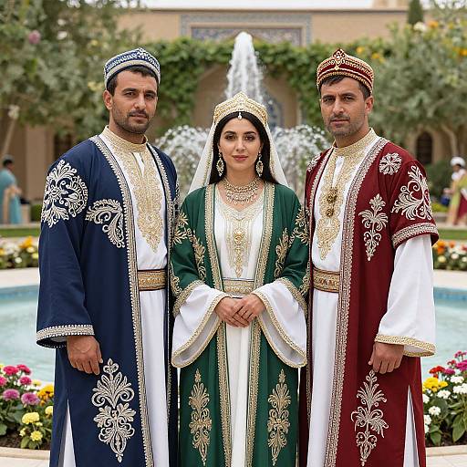 Photograph of three Middle Eastern men in ornate traditional attire, flanking a woman in a green embroidered dress, standing in a vibrant garden with a