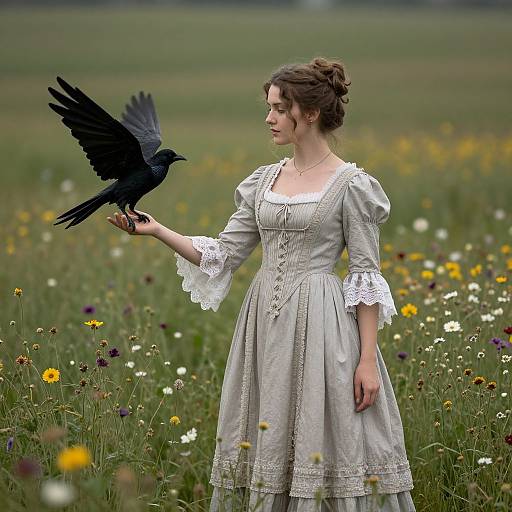 Photograph of a brown-haired woman in a gray Victorian dress, holding a black crow in a colorful meadow.