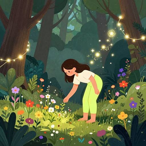 Digital illustration of a woman with brown hair in a white top and yellow pants, bending to pick flowers in a magical forest illuminated by glowing lights and colorful
