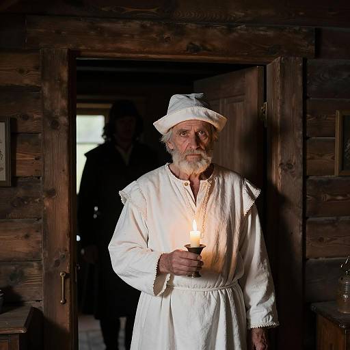 Mysterious Old Man in Candlelit Cabin